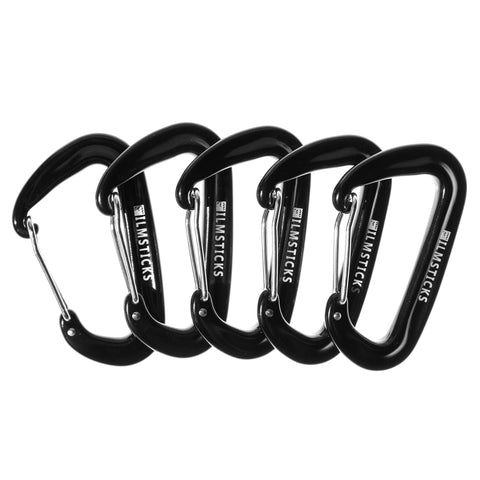 Filmsticks Carabiner D-Clip, Aluminum Alloy in Charcoal Black with Spring Wire Gate – Pack of 5