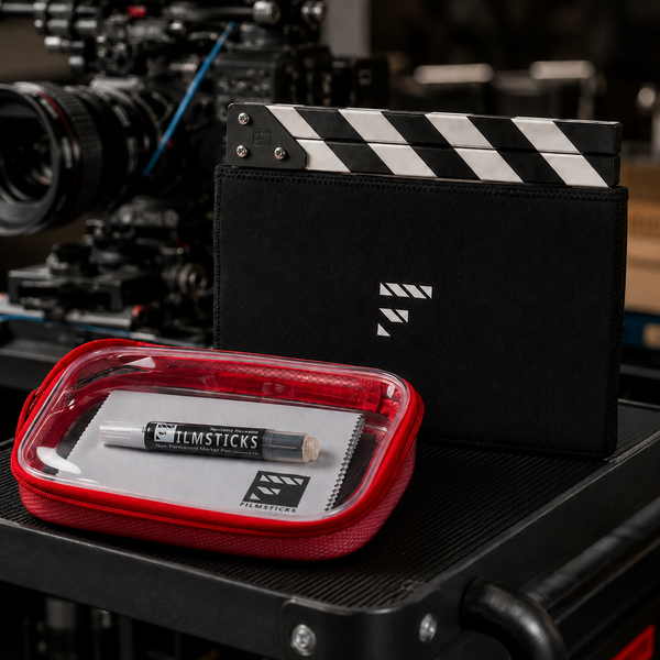 Film production accessories including a black clapperboard, a black fabric pouch with a white logo, and a red zippered case containing film sticks, set against a blurred film camera background.